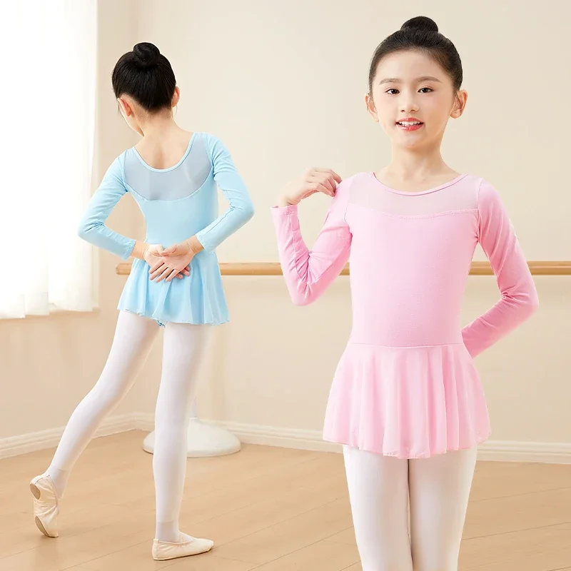 Girls Ballet Dress Short/Long Sleeves, Soft Mesh Tutu Skirt for Dance Class, Practice, Exam - Spring Summer Wear