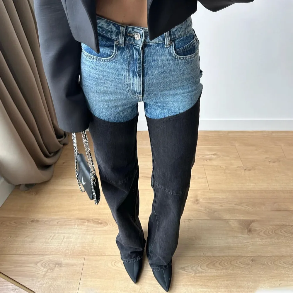 2025 Winter Fashion Casual Contrast Color Splicing Straight Women's Old Jeans