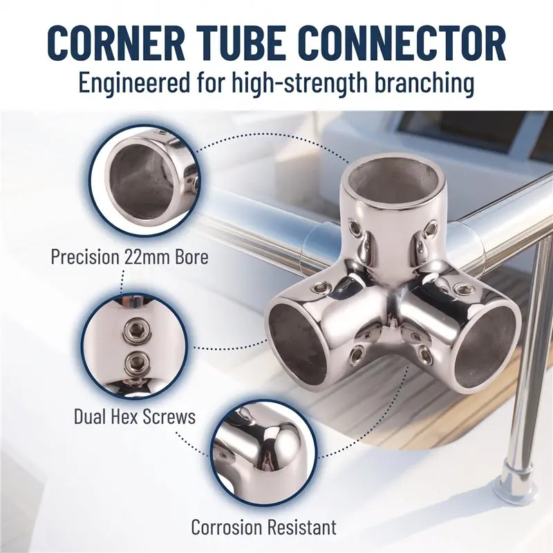 316 Stainless Steel 3-Way Corner Rail Fitting For Boats Pipe Connector Marine Hardware Compatible With 22Mm Tubing