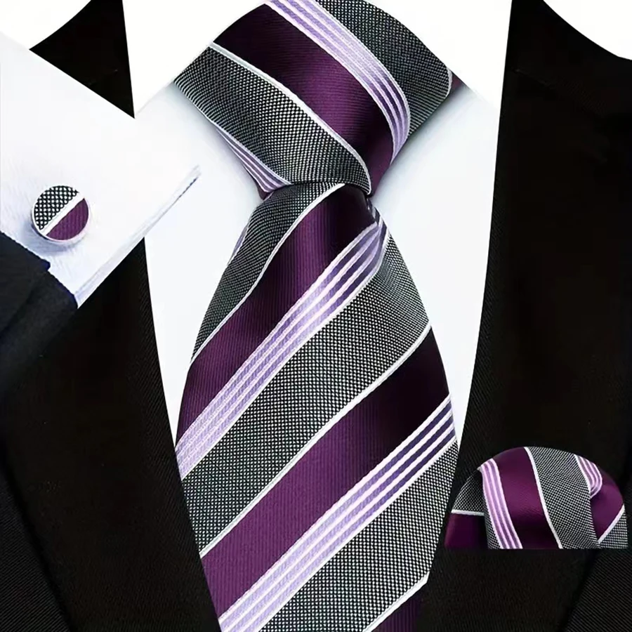 Luxury Purple Mens Tie Hanky Cufflinks Set Lilac Violet Jacquard 8CM Necktie For Male Wedding Business Party Accessories Gift