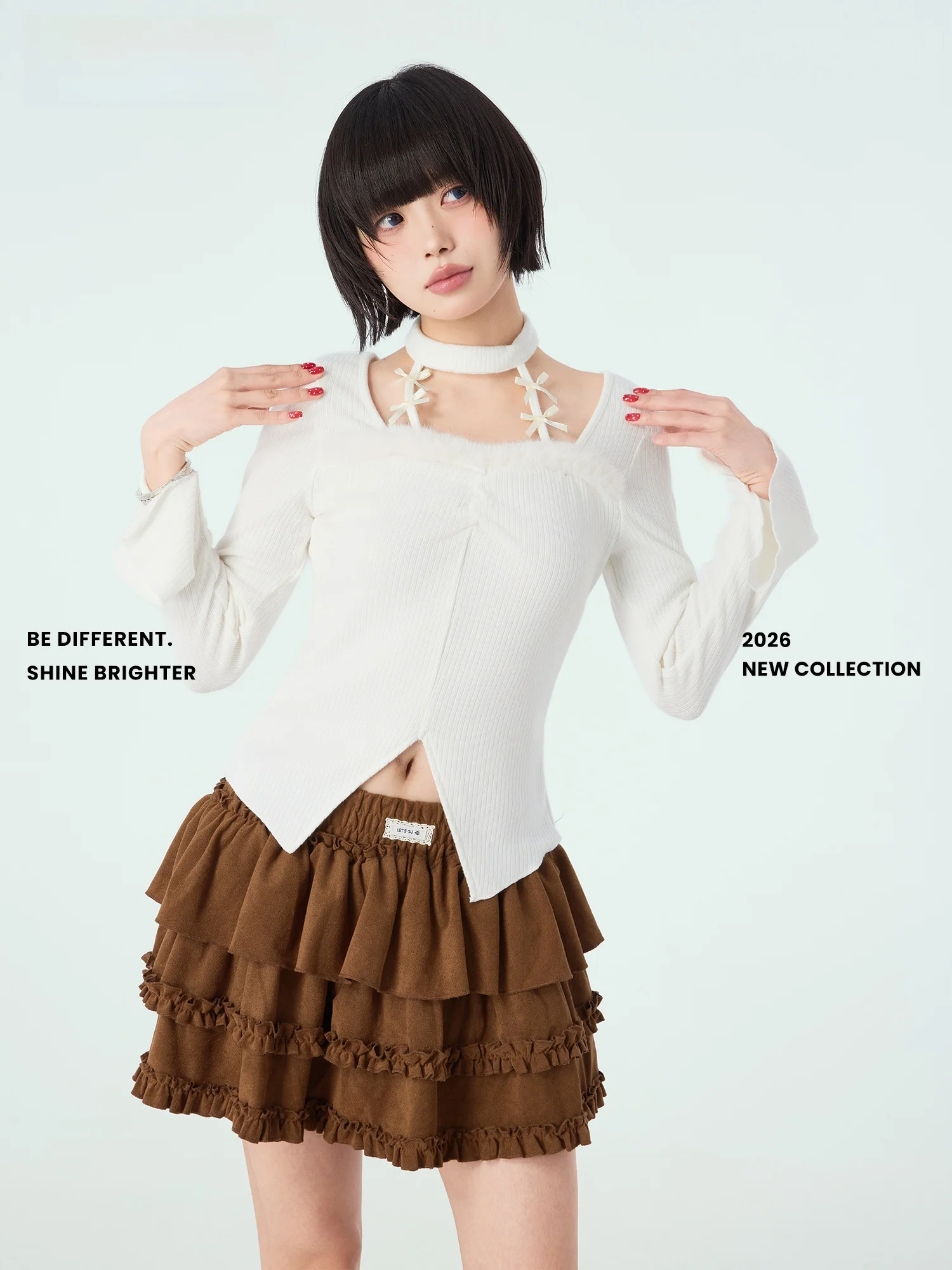 

Didimax Spring New Knitted Sweater with Bow Knot Plu Collar Hanging Ne Milbeige Color Cisas C4744 Slim Fit Long Sve