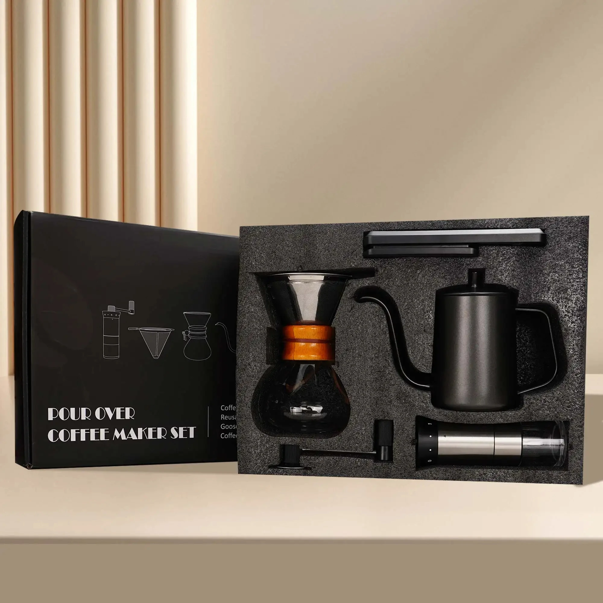 

New Camping Travel Premium Coffee Machine Gift Set with Coffee Grinder Gooseneck Kettle Pour Over Coffee Set