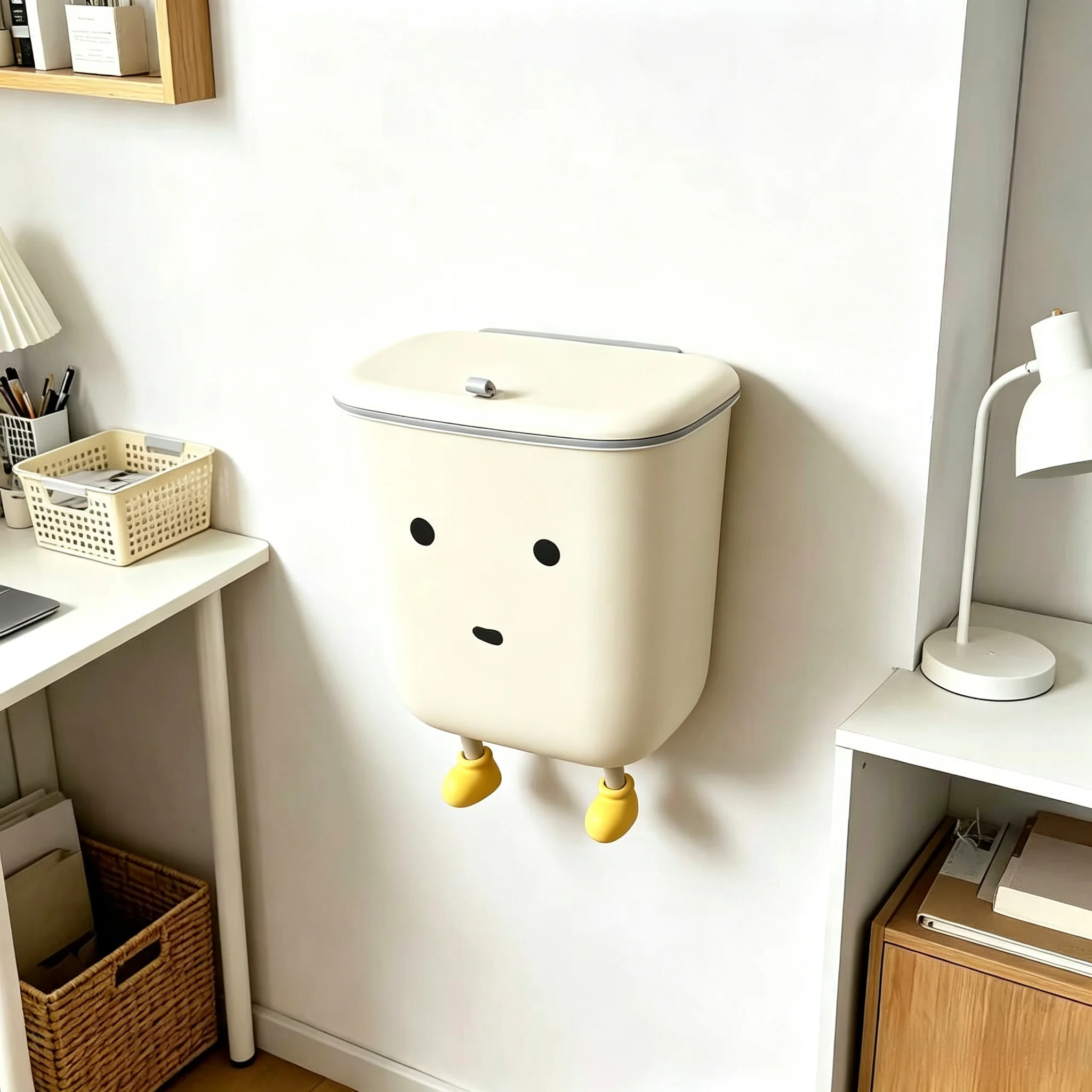 Cute Cartoon Face Wall Mount Trash Can with Lid, Kawaii Hanging Waste Bin, Wall Hanging Garbage Container for Bedroom Bathroom Office Desk