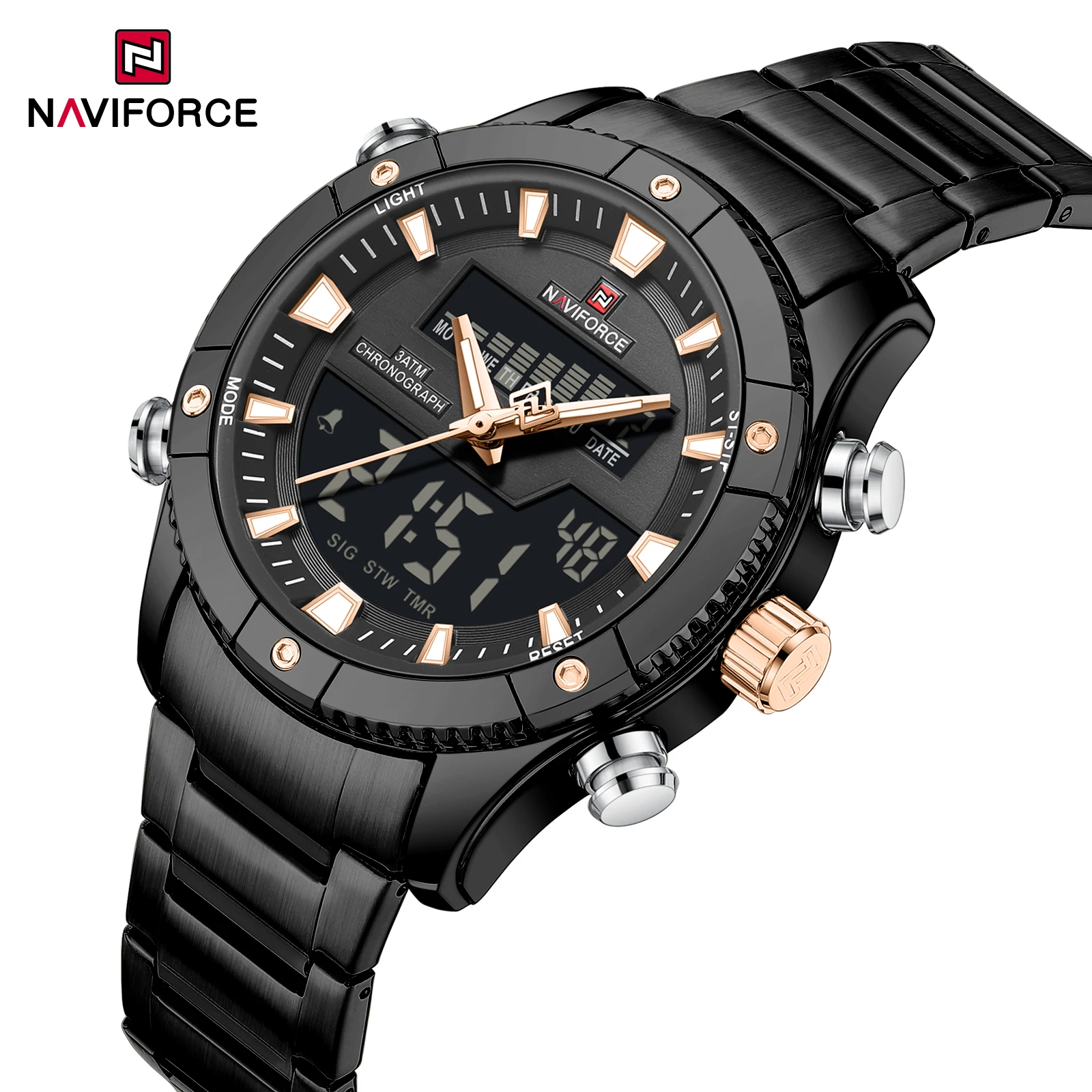 NAVIFORCE Original Men's Stainless Steel Watch Water Resistant Dual Display Time Multi-Function Countdown Sport Alarm Mode Clock