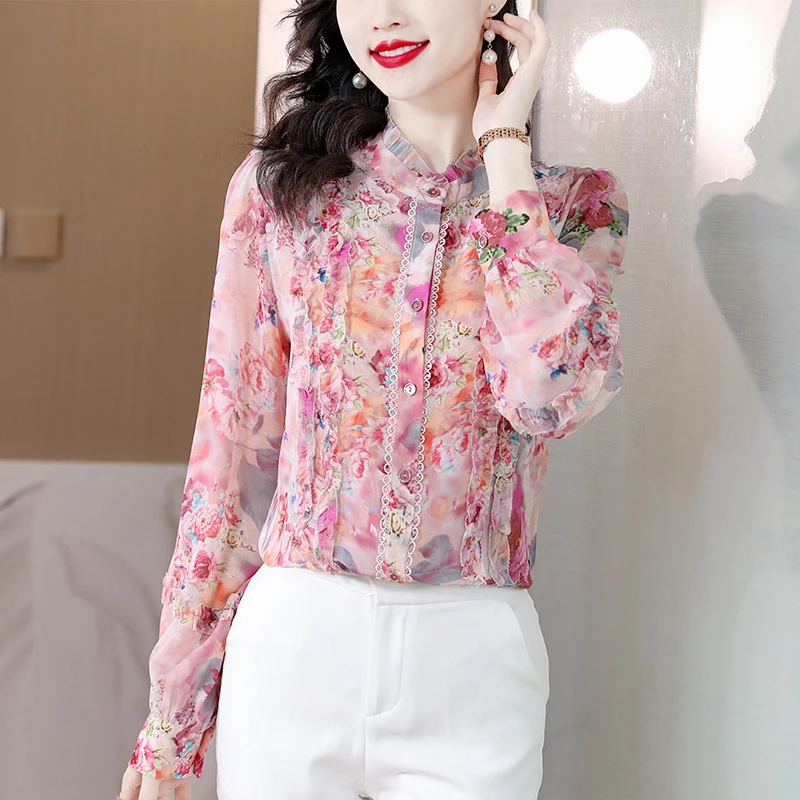 Ele Floral Print Silk irt Women's Spring 2024 Faionable Lace Trim Straight Cut Long Sve Busin Casual irt:Ele Floral Print Silk irt Women's Spring 2024 Faionable Lace Trim Straight Cut Long Sve Busin Casual irt:Damska sukienka z jedwabiu w kwiatowy wzór, na wiosnę 2024, modna, z koronkowym wykończeniem, o prostym kroju, długa, biznesowa, codzienna.