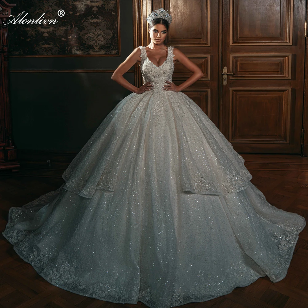 Alonlivn-Robe de mariée en dentelle scintillante avec appliques de perles, col en V, robe en fibre, attrayant