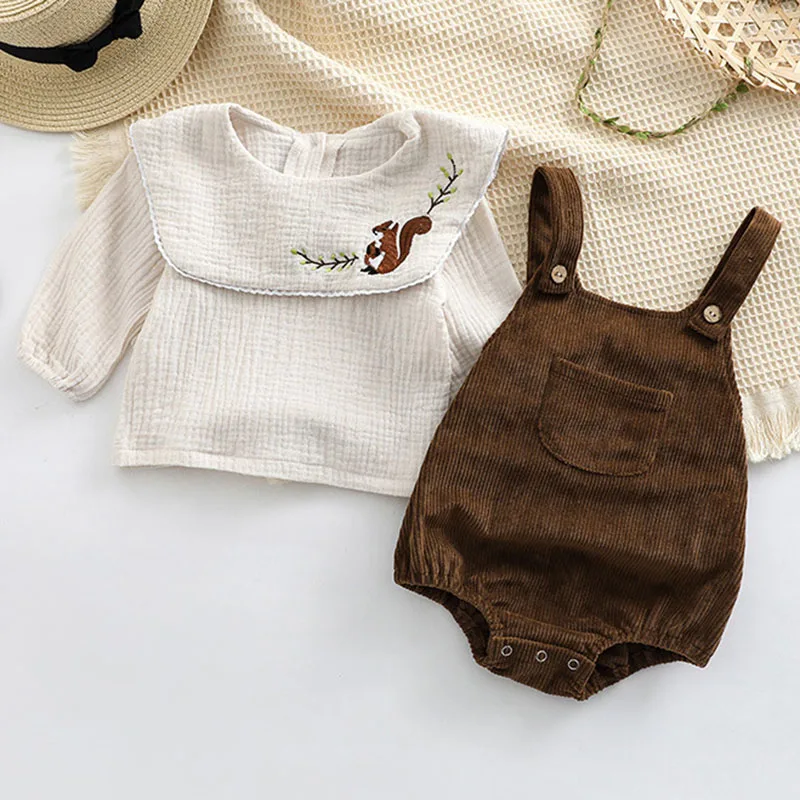 2024 New Infant Baby Girls Clothing Set Cotton Embroidered Shirt+Corduroy Jumpsuit Autumn Spring Toddler Baby Girl Clothes Suit