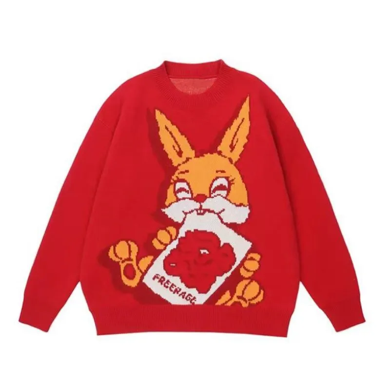 Winter Women's Loose Knitted Sweater Kawaii Rabbit Cartoon Printed Long Sleeve Pullovers Women Fairy Jumpers Y2K Gothic Knitwear