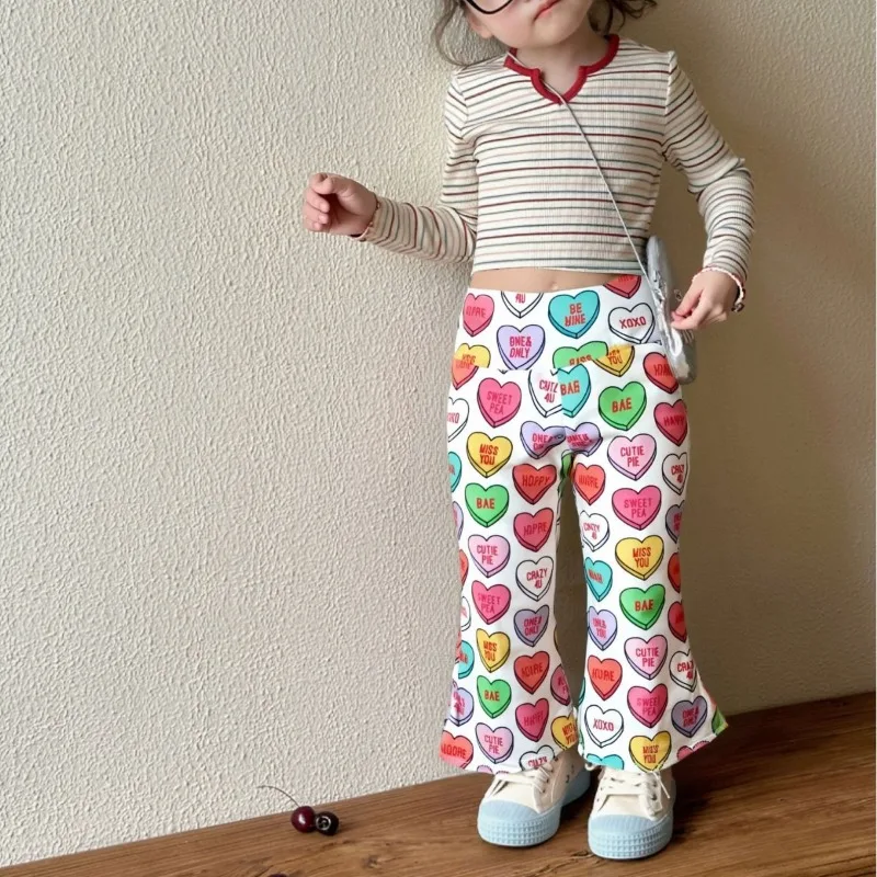 

New Kids Clothes Baby Girls Pants Cute Heart Print Leggings Kawaii Colorful Hearts Digital Printing Bell-bottomed Pants