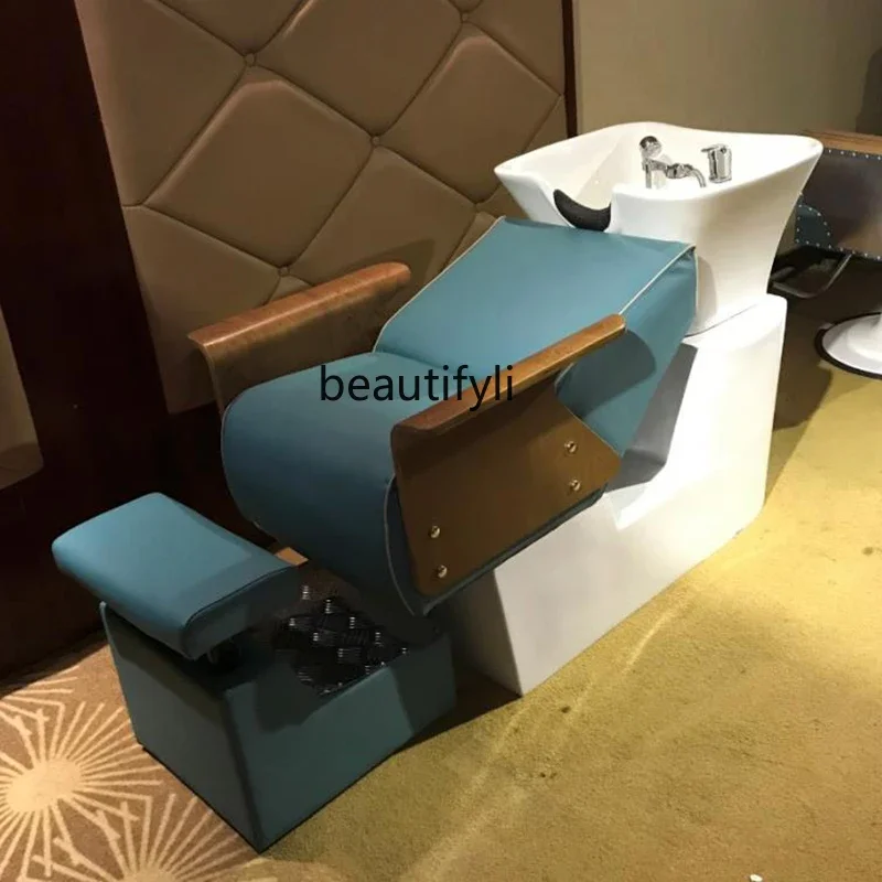 x11Hairdressing  Wood Shampoo Deep Basin Punch Bed Barber Shop Flushing Japanese and Korean Simple Ceramic Basin Shampoo Chair