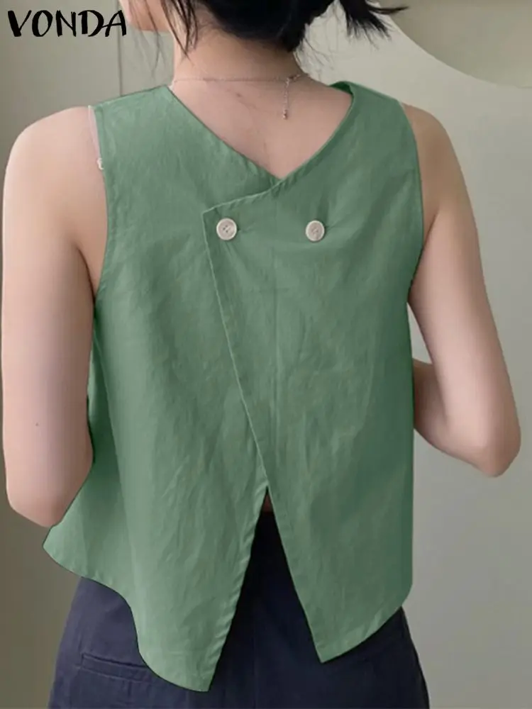 

VOND2024 Summer Women Sleeveless Casual Shirts Both Side Wear Fashion Tops Buttons Loose Top Vintage Blouse Solid Color Blusas