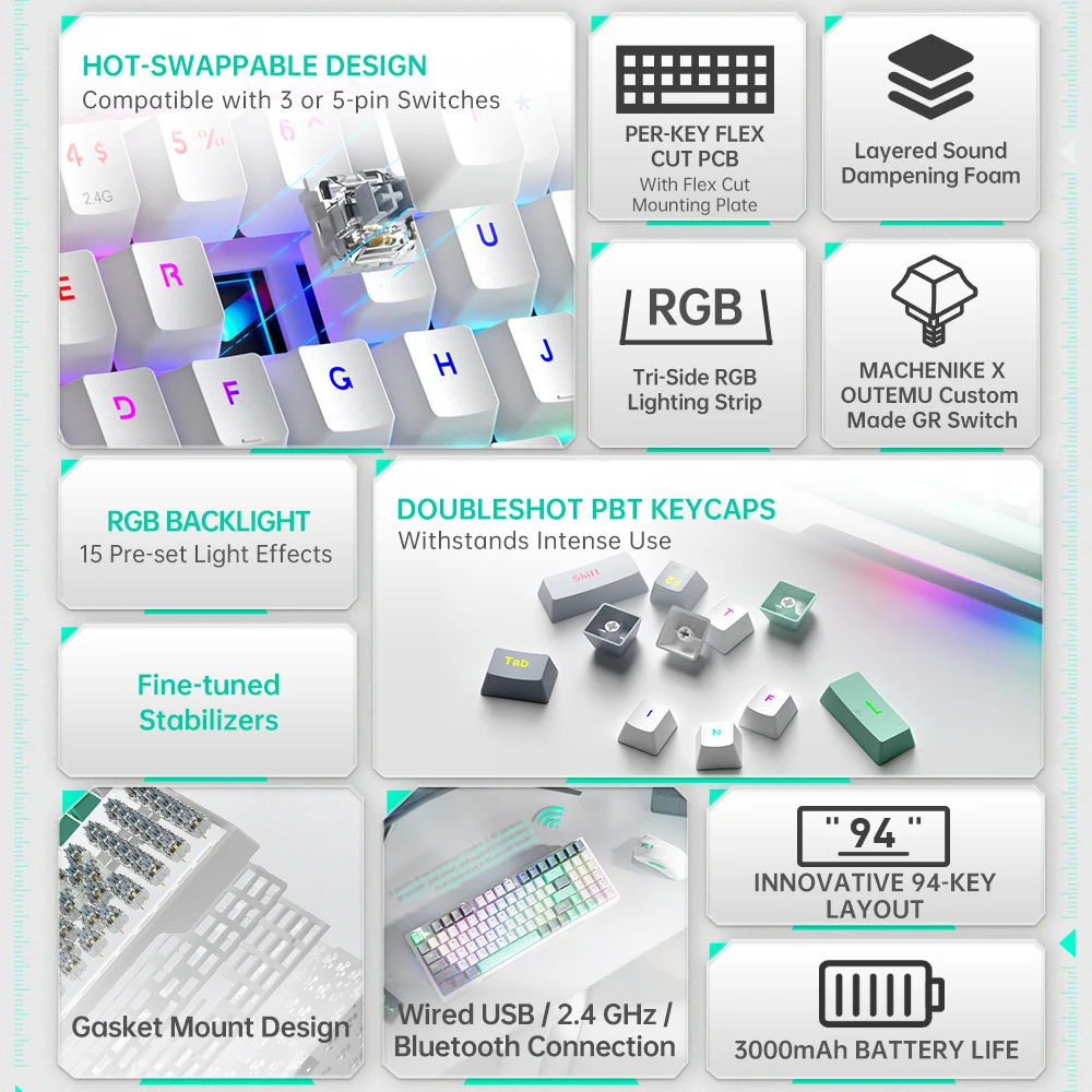 Imagem -02 - Pro Teclado Mecânico sem Fio Junta Montada Teclado para Jogos 94 Teclas Rgb Hot-swap Pbt Keycaps para pc Gamer Machneike-k500