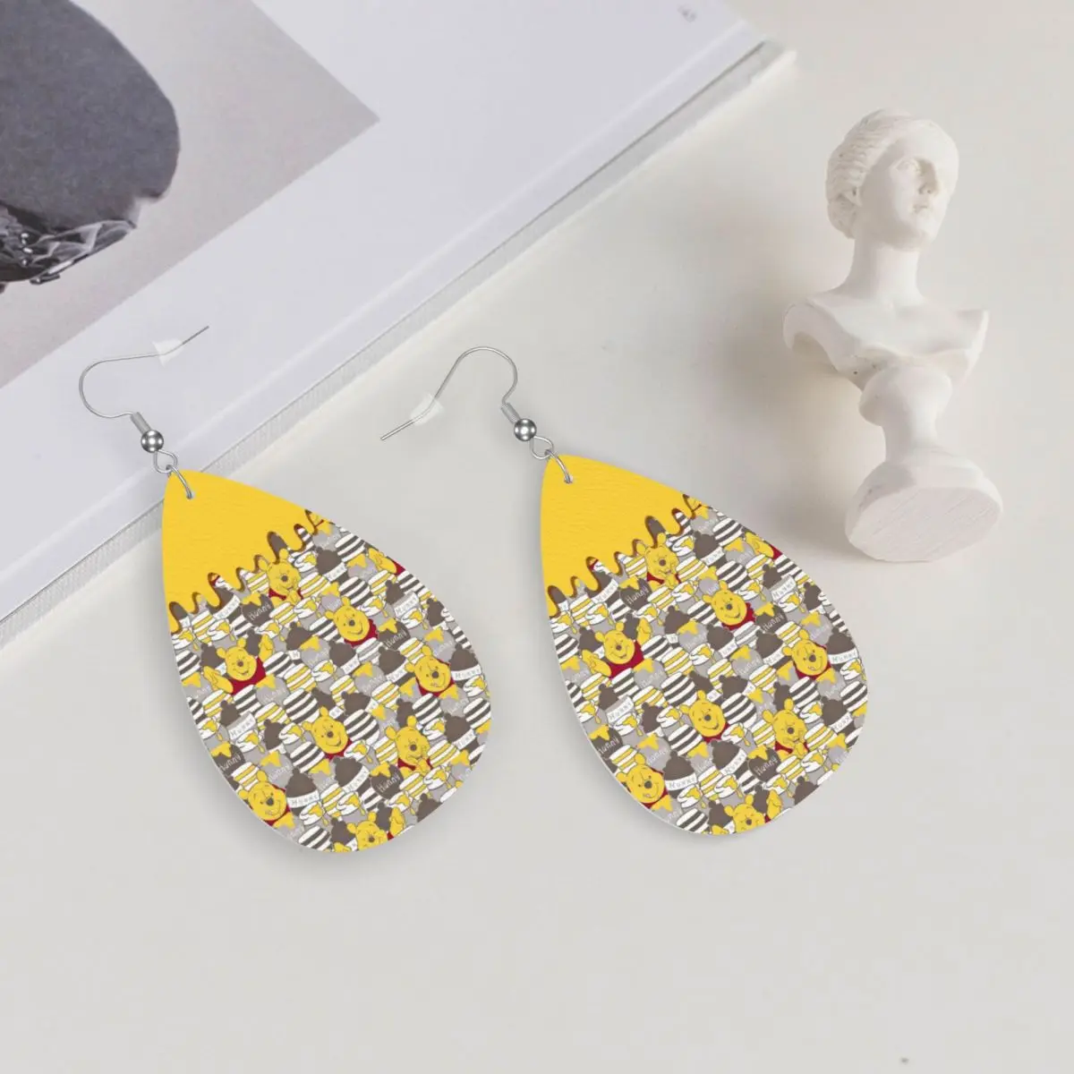 Custom Winnie The Pooh Leather Teardrop Earrings for Women Leather Earrings Fashion Lightweight for Parties Holidays view 5