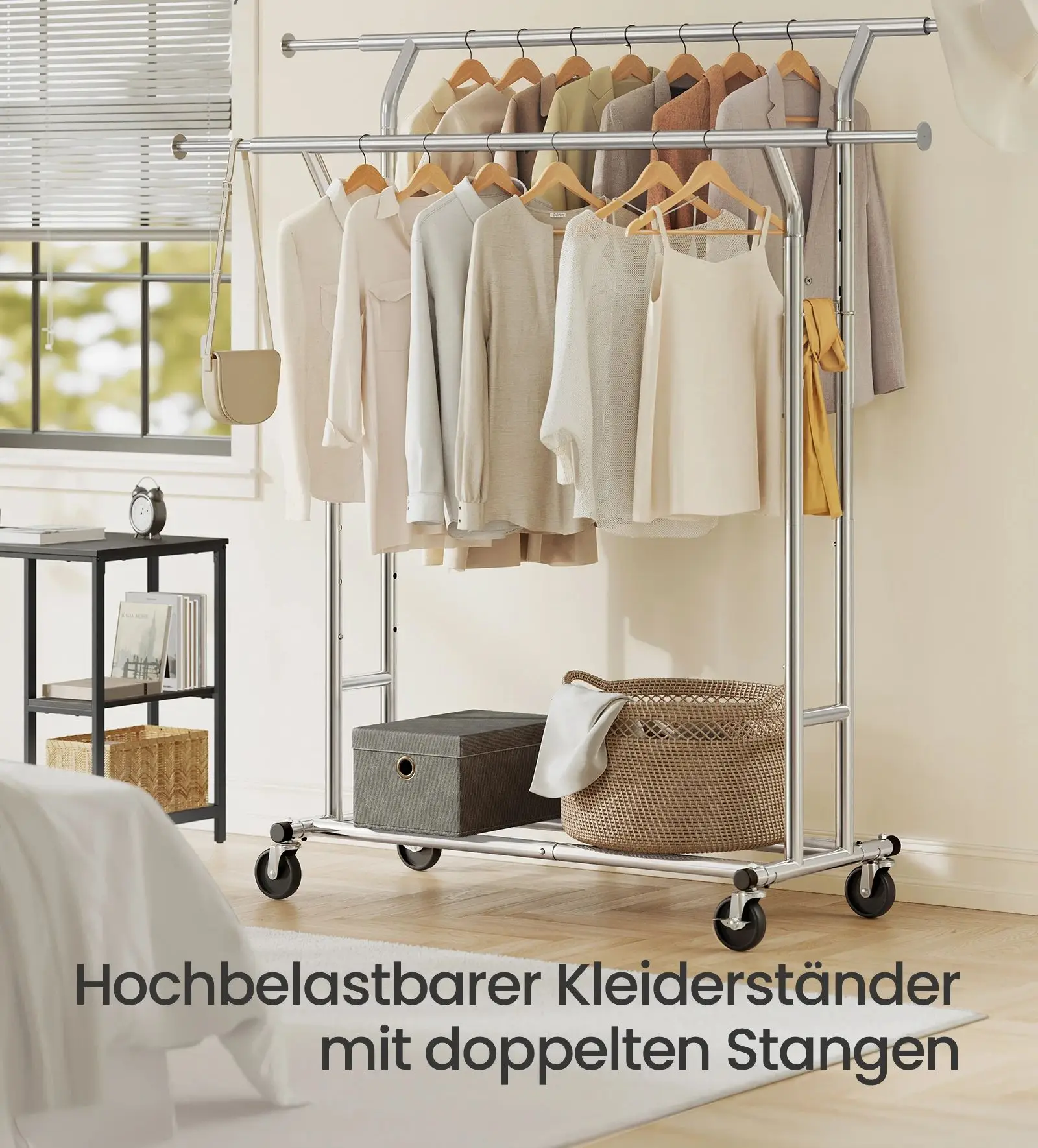 SONGMICS Kleiderständer hoch belastbar, Garderobenständer aus Metall, mit Rollen, für Schlafzimmer, silbern
