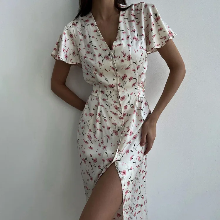 Nuovo abito camicia floreale annodato con scollo a V a maniche corte casual con vita snellente e un look snellente per l'abbigliamento da donna