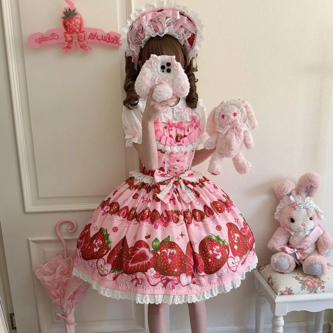 اليابانية الحلو لوليتا الفراولة الحمالة فستان المرأة Kawaii لطيف طباعة Jsk تأثيري فساتين حفلات الأميرة فستان خمر