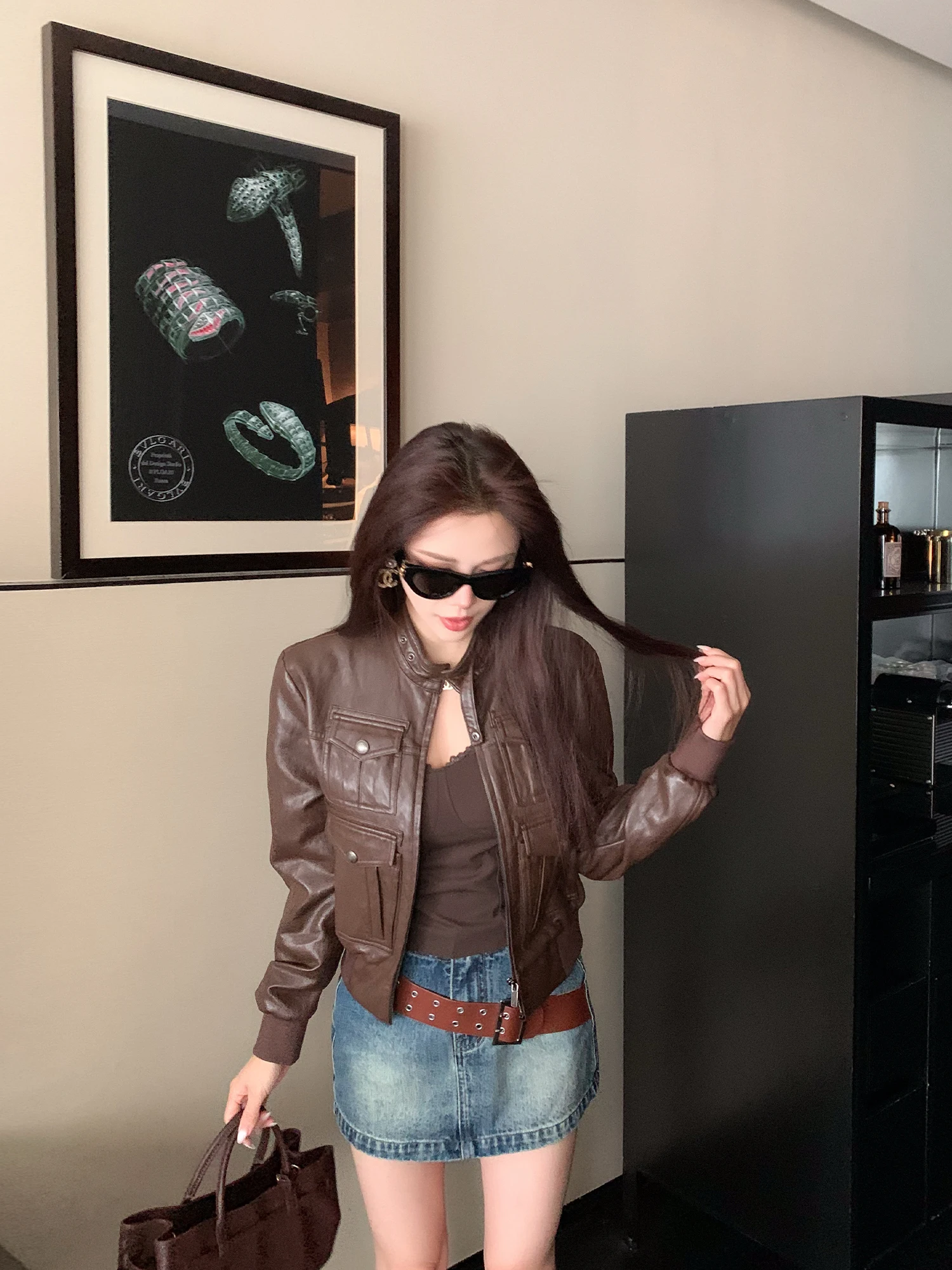 

American Retro Leather Jaet Motorcycle Sle Slimming Top for Women LADIESFIRST Premium Feel Cotton Blend Long Sve