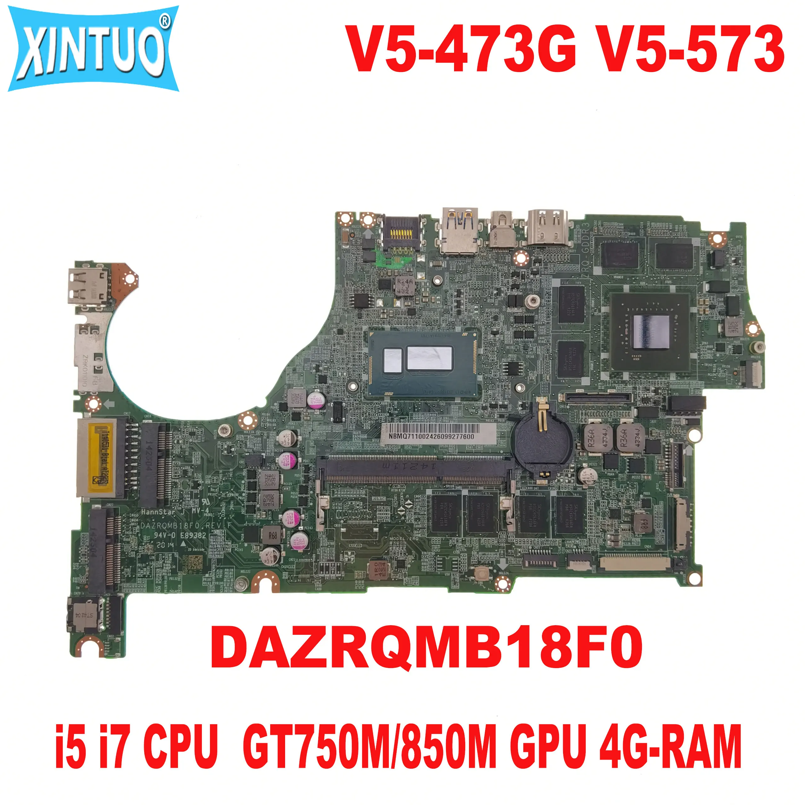 DAZRQMB18F0 Motherboard for Acer Aspire V5-473 V5-473G V5-573 V5-573G Laptop Motherboard With i5 i7 CPU 4G-RAM GT750M/850M DDR3