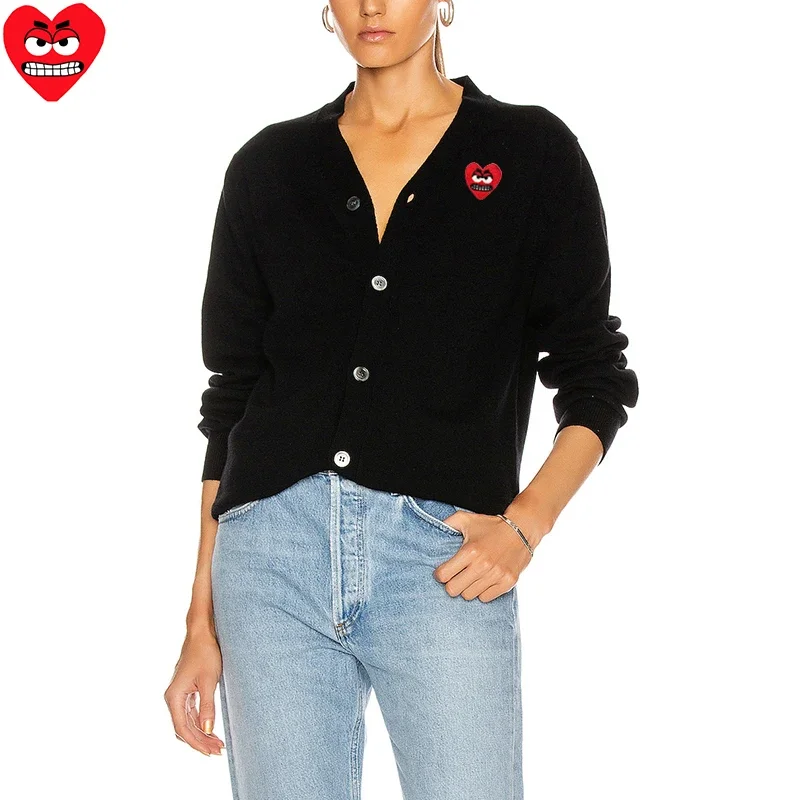 Break Egg Women V-Neck Cardigan Cotton Cartoon Cute Snag Heart Embroidery Single Breasted Long Sleeves Autumn Fit Sweater