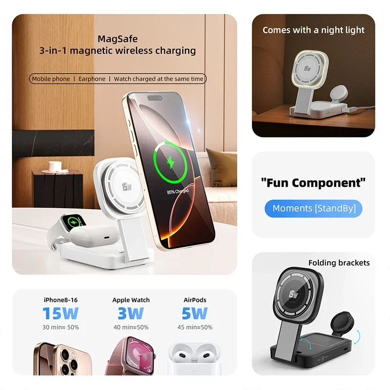 New Magnetic Wireless Charger For iPhone 16 15 14 13 12 ProMax Mini Plus iWatch9 Airpods Foldable Wireless Charging Station 3in1