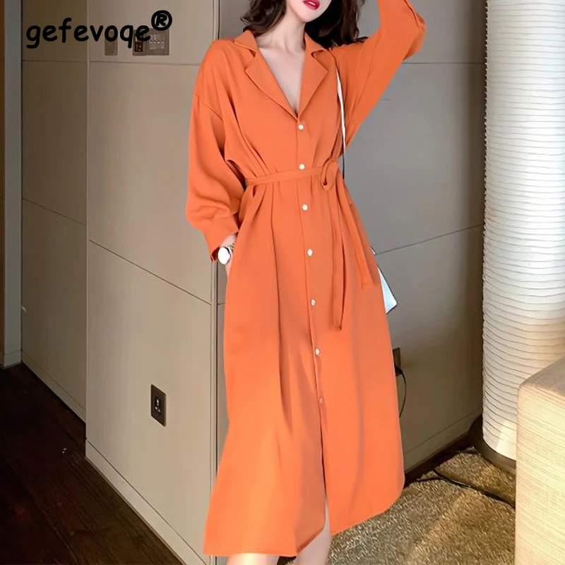 Women Trendy Lace Up Sexy Split Chic Elegant Shirt Dress Spring Autumn Casual V Neck Solid Long Sleeve Midi Dresses Y2K Vestidos