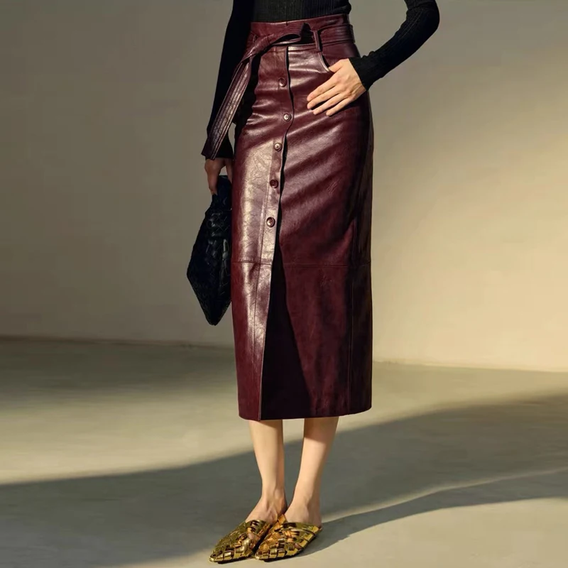 

Chic Wine Red Women's Genuine Leather Skirts 2025 Fall New Waxed Sheepskin High Waist Package Hip Lace-up Belt Slit Maxi Skirts