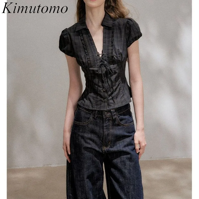 Kimutomo Shirts Women V Neck Plaid Short Sleeve Summer Fashion Vintage Crop Tops Bandage Y2k Aesthetic Harajuku Blouse Female