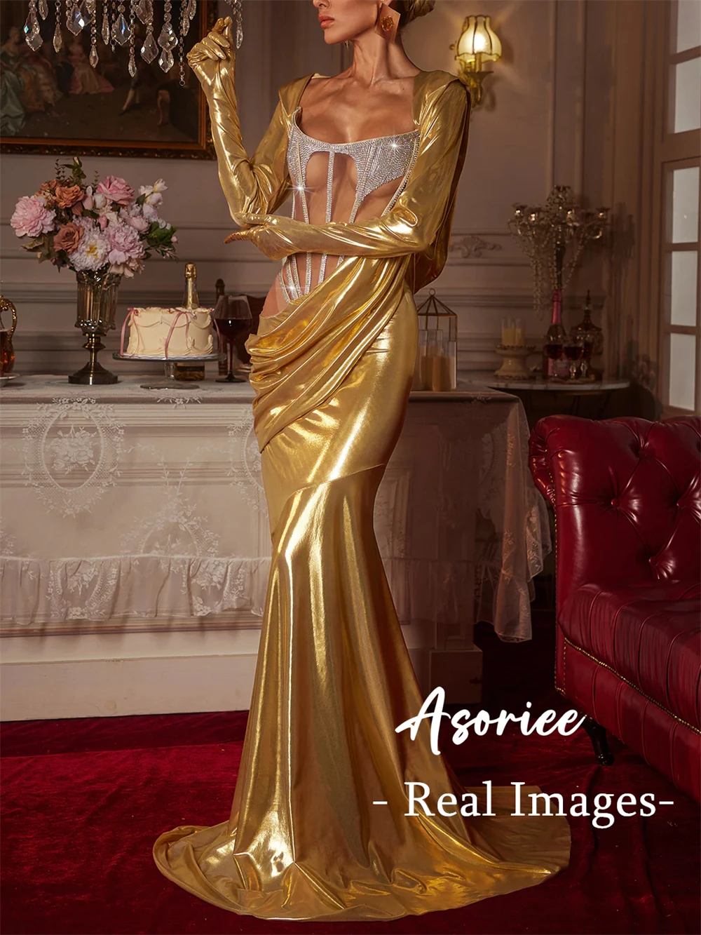 

Asoriee - Long Sleeve Hooded Ruched Maxi Dress Many Colors Long Evening Dress for Women Sexy Sequined Party Gown Real Images