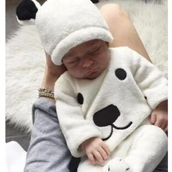 3 Pcs Long Sleeve Fleece Bear Pullover Tops Wrap Foot Pants Hat Set for 0-24 Months Baby Boys Girls Warm Winter Clothes