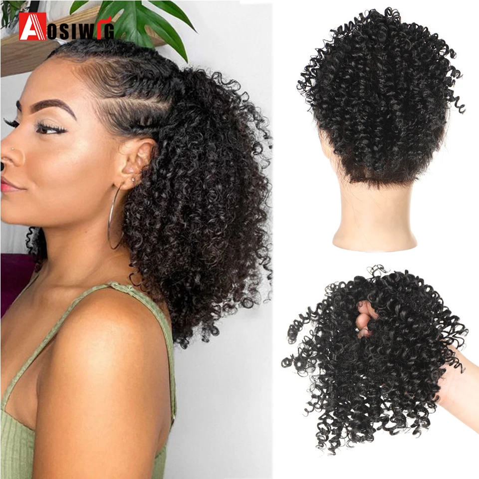 Synthetic Hair Bun Afro Kinky Short Curly Chignon Hairpieces For Women Black Elastic Rubber Band Hair Extensions