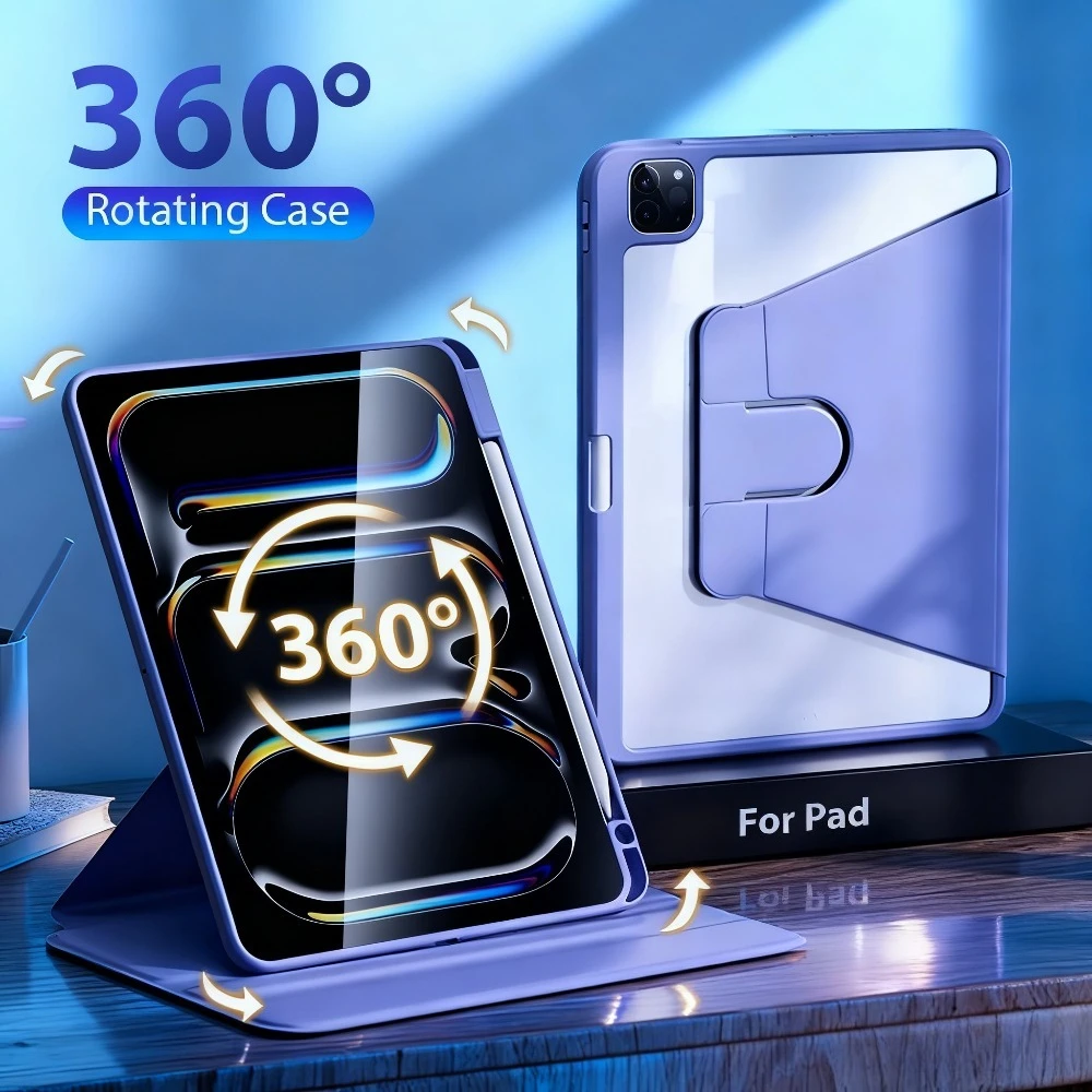 

2026 New 360 Rotation Case for IPad Pro M5 11/13 6th Air 13/11 M4/M3 7 8 910th Mini 7th/6th Cover with Pencil Holder Kindle Case