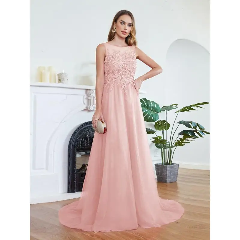 Tulle Appliques Lace Bridesmaid Dress Beaded Sequin A Line Dusty Pink Burgundy Sleeveless Wedding Formal Party Prom Gown Vestido
