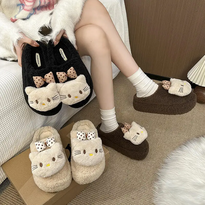أنيمي لطيف Kt القط القوس مخطط المخملية المرأة نعال من القطن 2025 الخريف والشتاء الكرتون Kawaii المنزل الدافئة أحذية منزلية غير رسمية #6