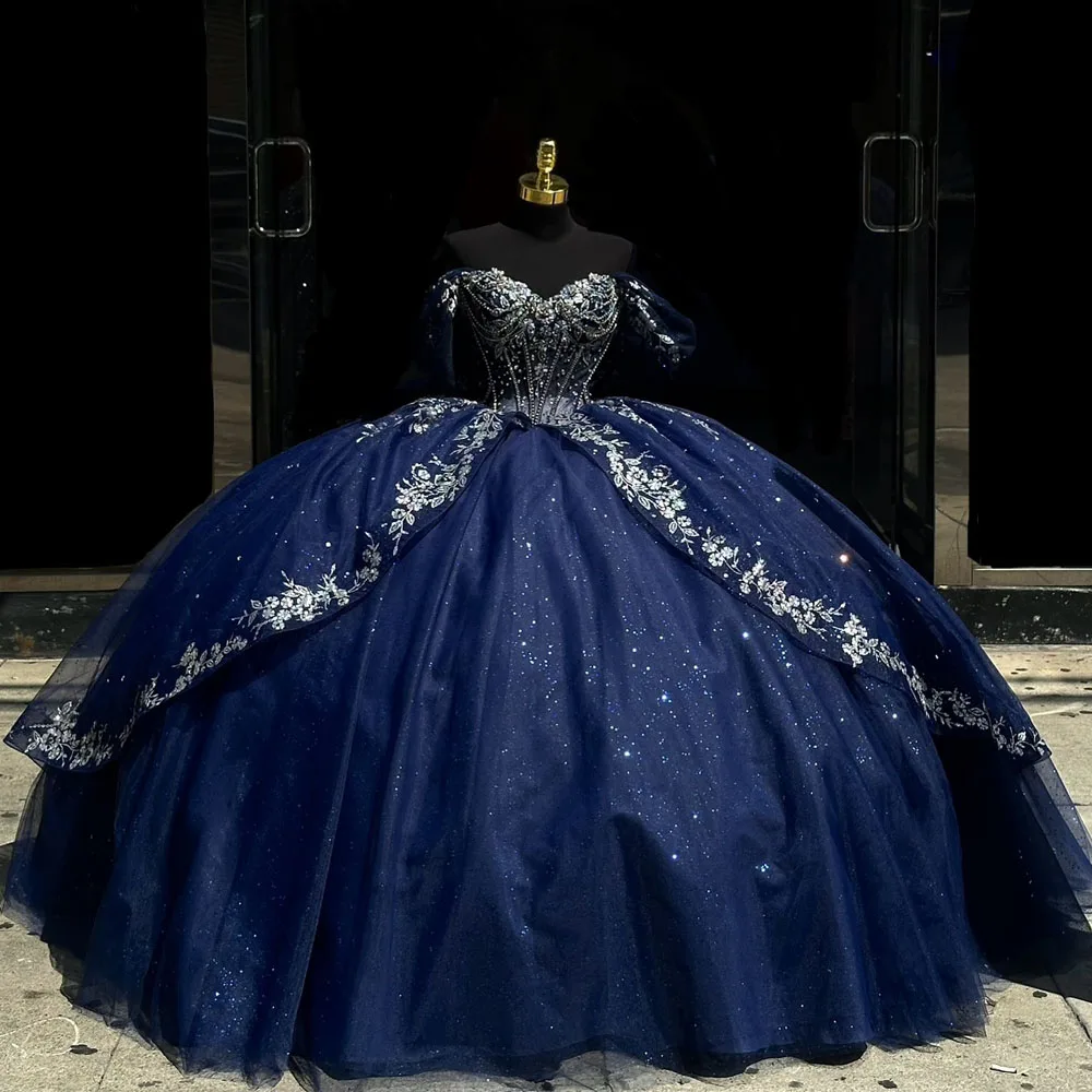 Sparkly Navy Blue Quinceanera Dress Ball Gown Silver Lace Applique Beaded Corset Sweet 16 Vestidos De 15 Años