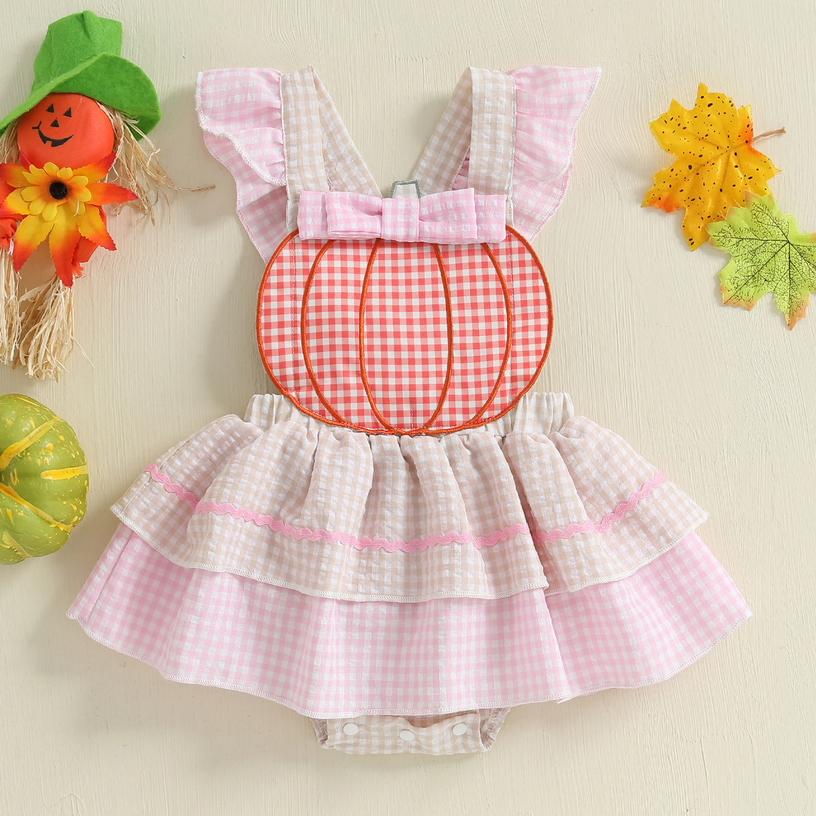

VISgogo Baby Girl Halloween Romper Casual Pumpkin Embroidery Plaid Fly Sleeves Jumpsuit for Newborn Toddler Cute Clothes
