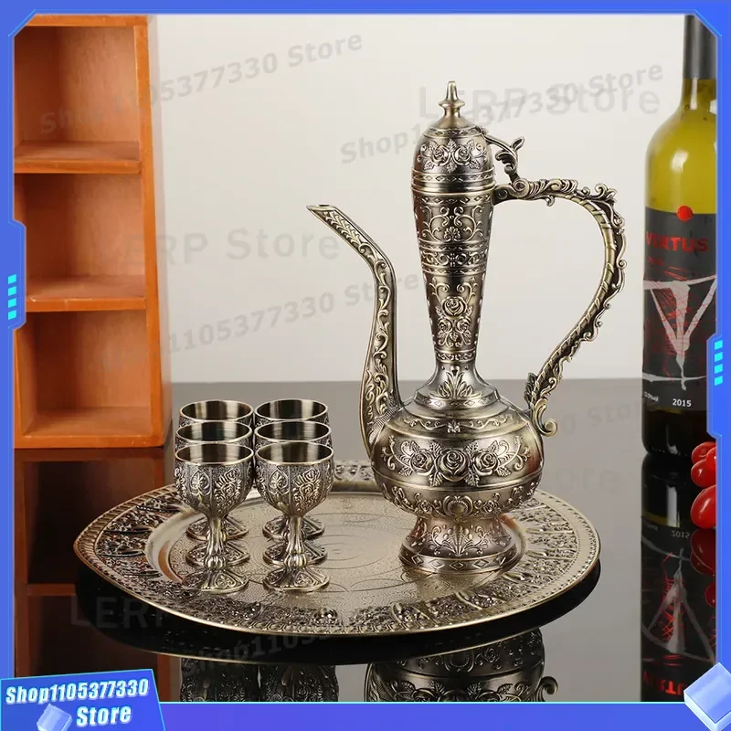 European Light Luxury Retro Zinc Alloy Wine Jug Set 8 Piece 3D Relief Home Bar Decor Ornament New Vintage Style Drinking Ware