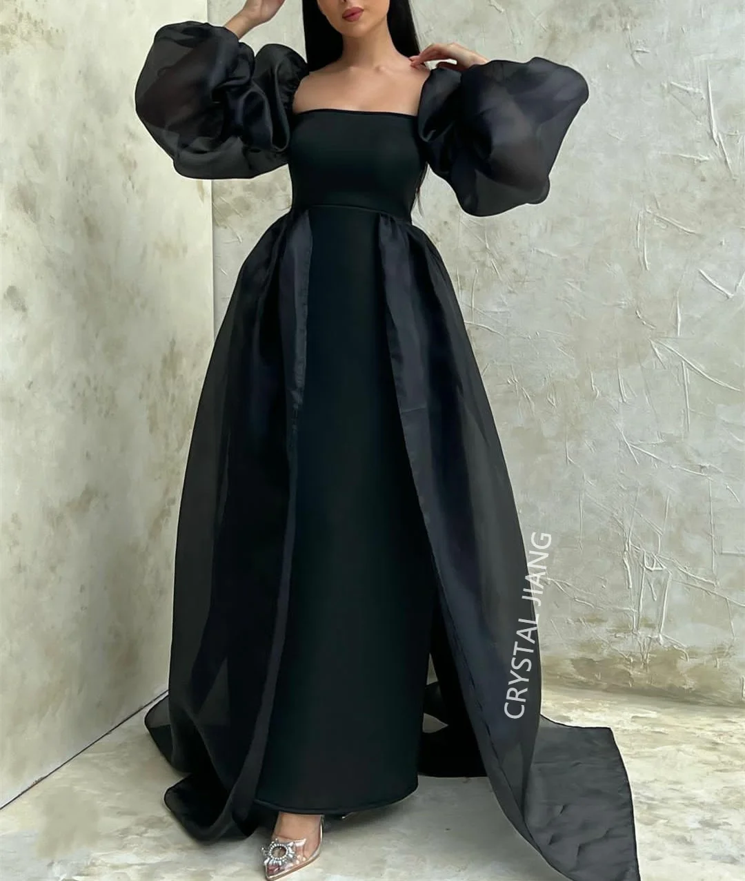 Classic Square Collar Long Black Muslim Organza Home Comming Dresses Floor Length Prom Dress Robe de soirée for Women