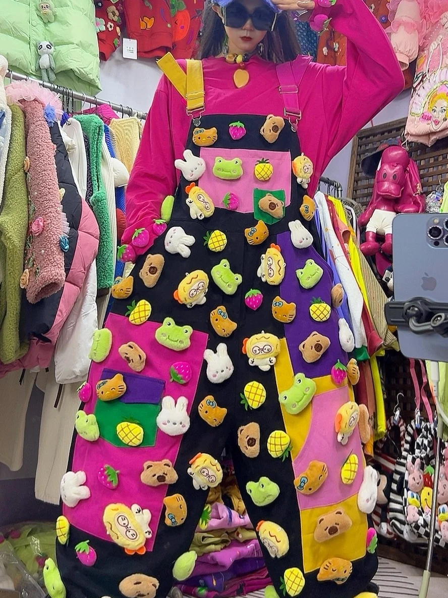 

2026 New Faion Streetwear Oversized 3D Doll Denim Overalls Women's Rer Spring Season mid Waist Long Pants Lycra Fabric