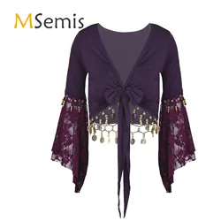 Womens Belly Dance Shawl Tops Costume Lace Three Quarter Flare Sleeve Bell Bead Tassel Lace-Up Shawl Crop Top Cardigan Dancewear