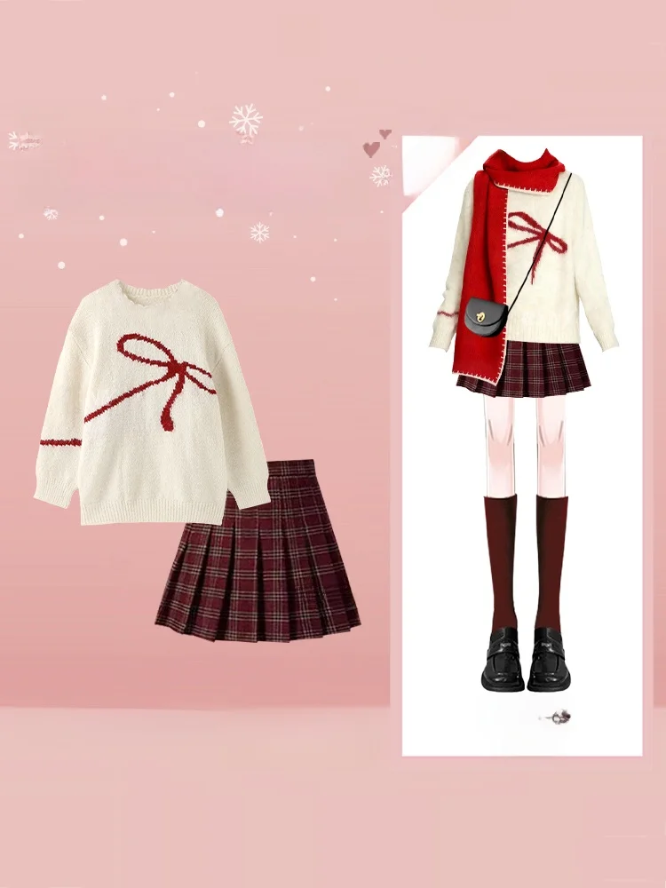 Dolce fiocco con nodo maglione gonna a pieghe scozzese college Sle Set inverno Faion donna lavorata a maglia rotonda Ne in due pezzi
