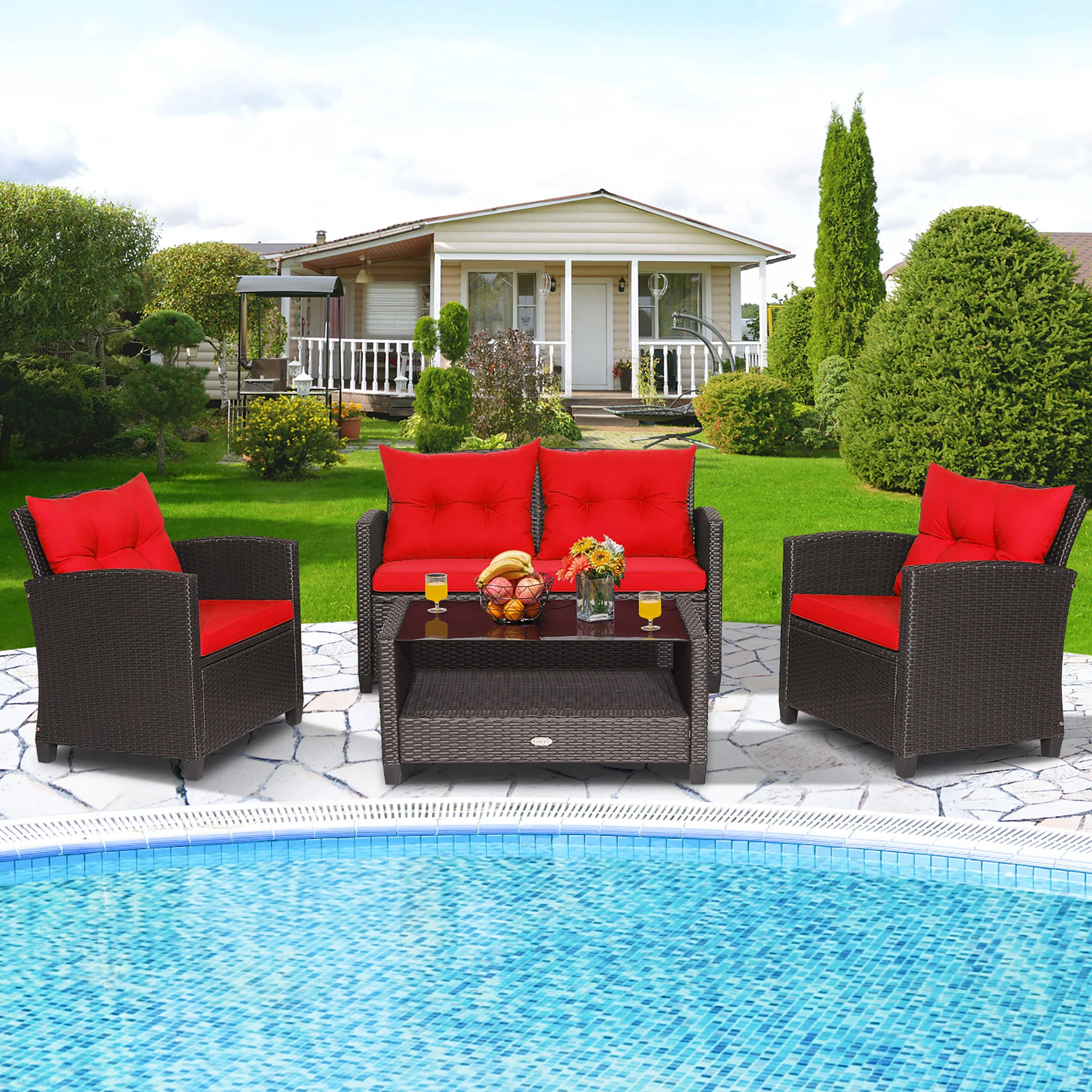 4 PCS Patio Rattan Furniture Set Glass Table Shelf Sofa Cushion Red