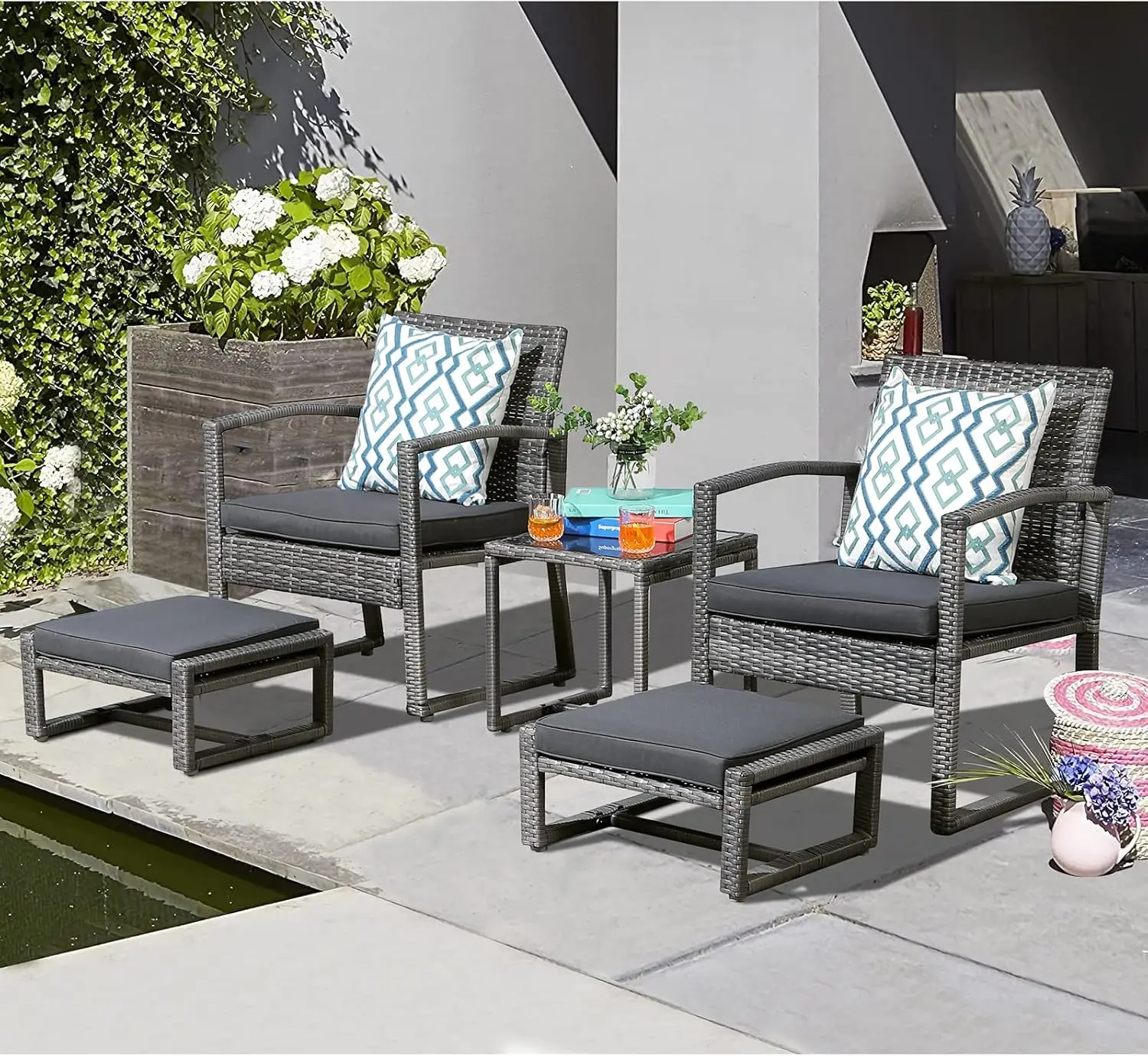 5 Piece Outdoor Patio Wicker Furniture Set, All Weather Grey PE Rattan Chair and Ottoman Footstool Set, W/Coffee Table, Cushions