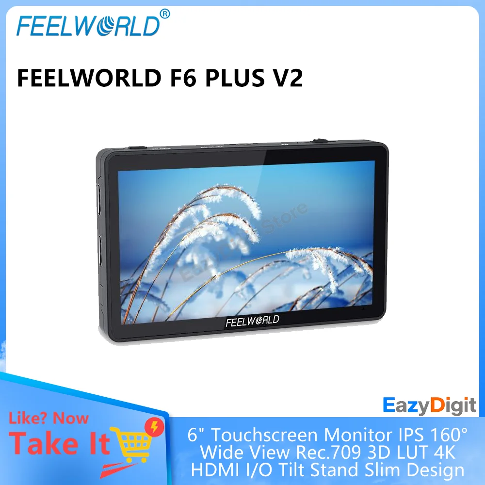 شاشة لمس Feelworld F6 PLUS V2 مقاس 6 بوصات IPS 160 °   عرض واسع Rec.709 3D LUT 4K HDMI I/O حامل إمالة تصميم نحيف مخرج طاقة