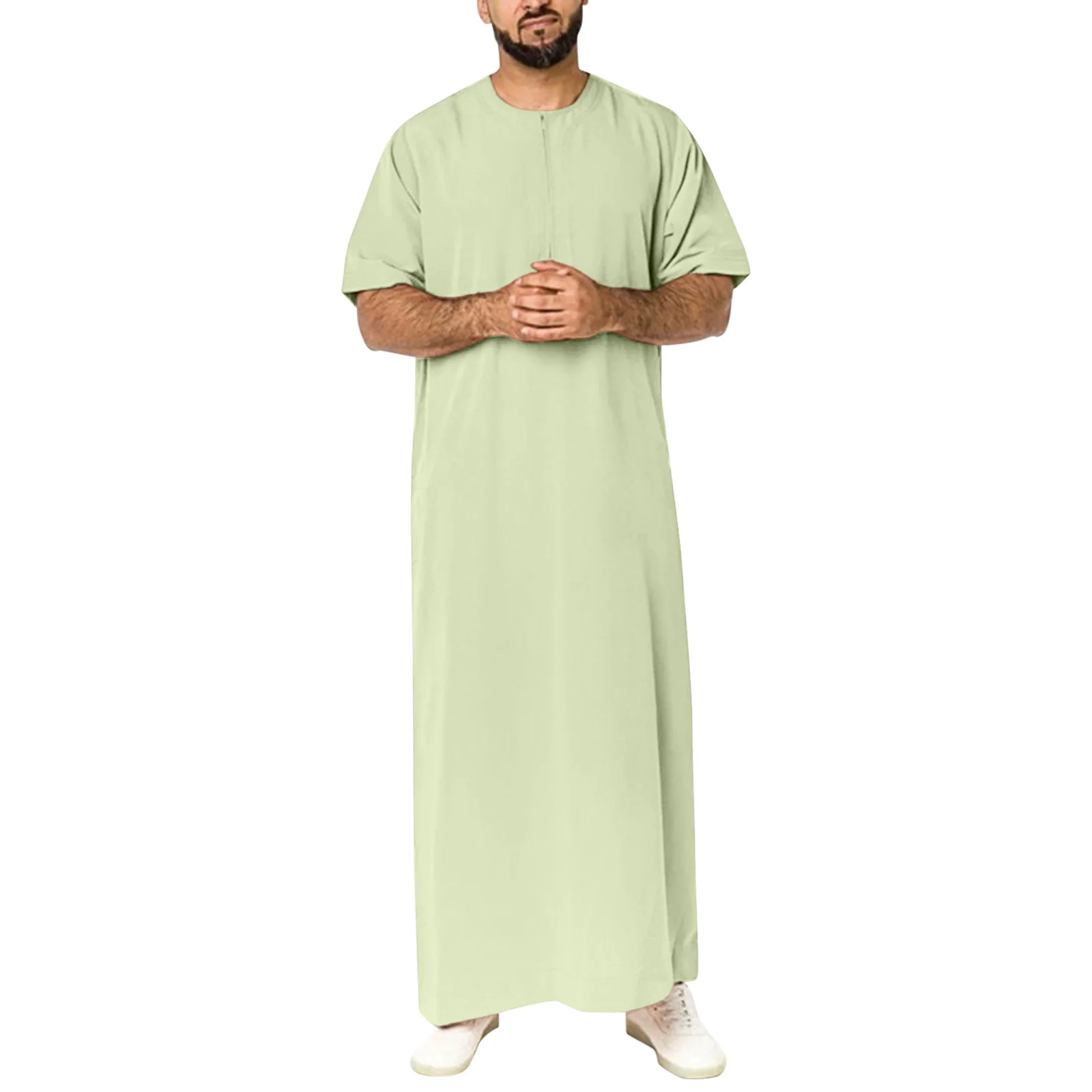 Saudi Stijl Rits Jubba Thobe 2023 Mannen Effen Kleur Gewaden Toevallige Vintage Korte Mouw O Hals Moslim Arabische Islamitische Kleding s-5XL