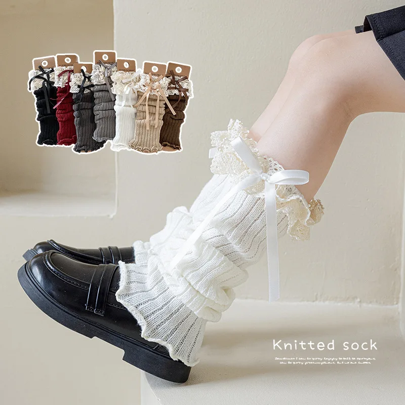 Y2K Lace Ribbon Leg Warmers Woman Autumn and Winter Ballet Style Lolita Knee Warmers Long Socks JK Knitted Girl White Stockings