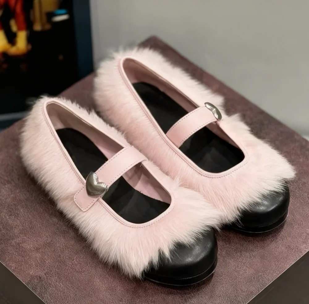 White Faux Fur Mary Jane Flats Black Leather Toe Cap Heart-Accented Strap Cute Round-Toe Sweet Winter Casual Everyday Outfits view 4