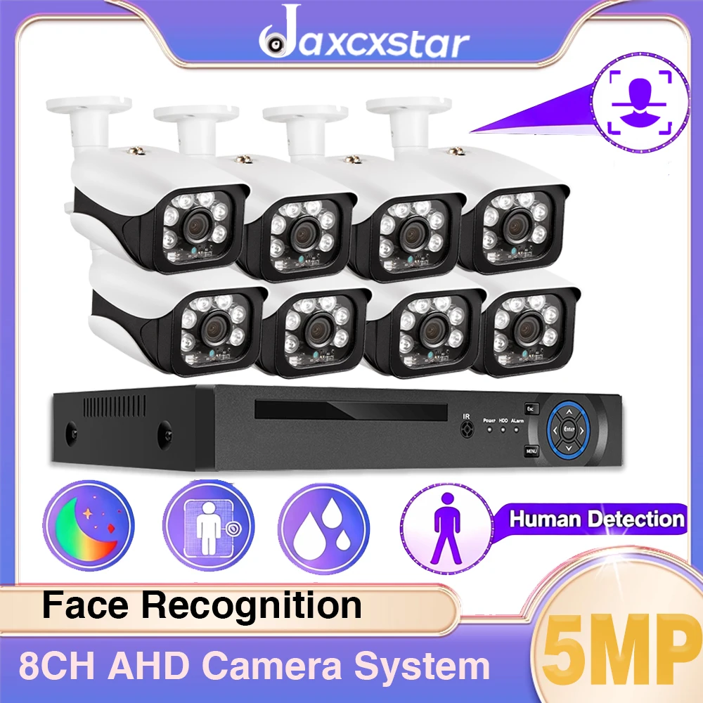 

8-канальный H.265 комплект AHD DVR с распознаванием лиц, система видеонаблюдения, 5MP Ultra HD, внутренняя и наружная пулевидная камера, комплект видеонаблюдения