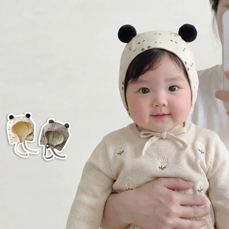 

Шапочка-бини для новорожденных 0-12 месяцев с милыми ушками медведя, в горошек, весенняя, хлопковая, приятная для кожи, головной убор для малышей