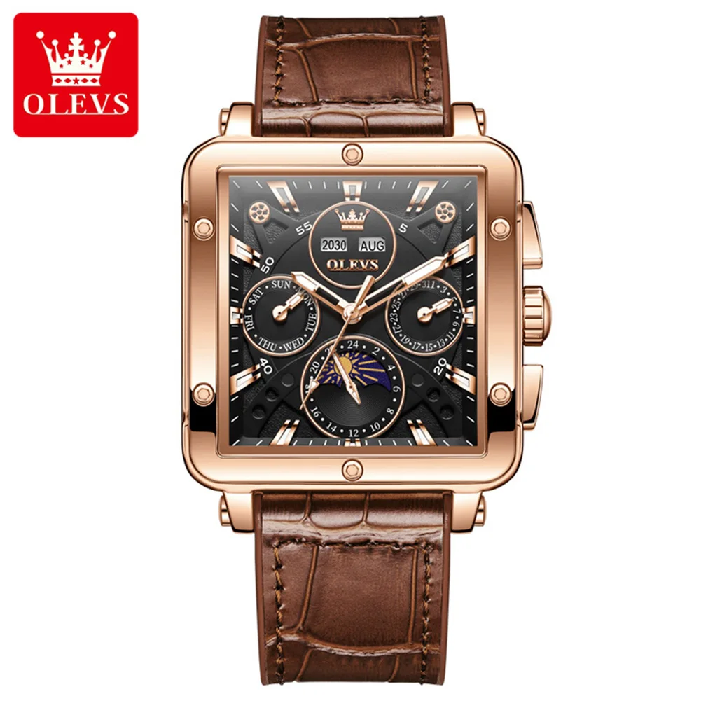OLEVS 6749 Men Automatic Mechanical Watch Multifunction Moon Phase Square Dial Leather Strap Luxury Business Wristwatch