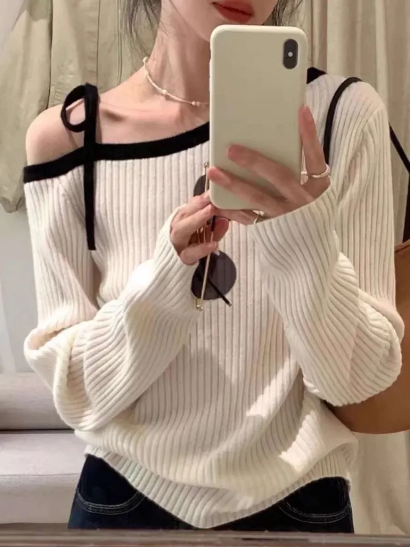 

Long Sleeve Casual Fall Clothing Fashion Autumn Women Knitted Top Pullover Off-shoulder Sweater Elegant Korean Style Knitwear